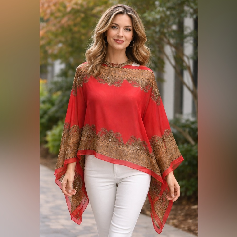 KOKOMO Women's Red Semi-sheer Scarf Shawl Poncho Ornate Gold Border Onesize
